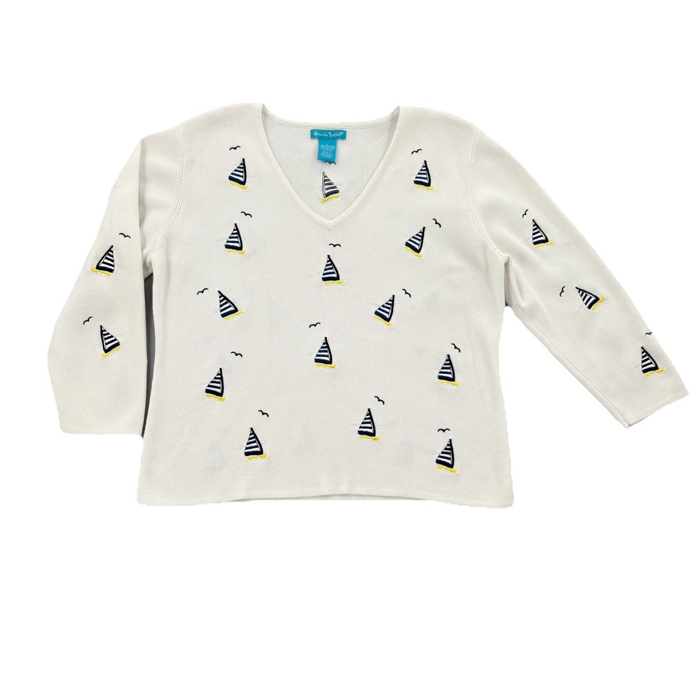 Alexandra Bartlett Women L White Knit Embroidered Sweater Nautical Grandma Knit